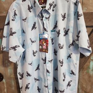 DIXXON [Mike Hawk] Sky Blue Bird Pattern Men's Shirt Party Shirt
